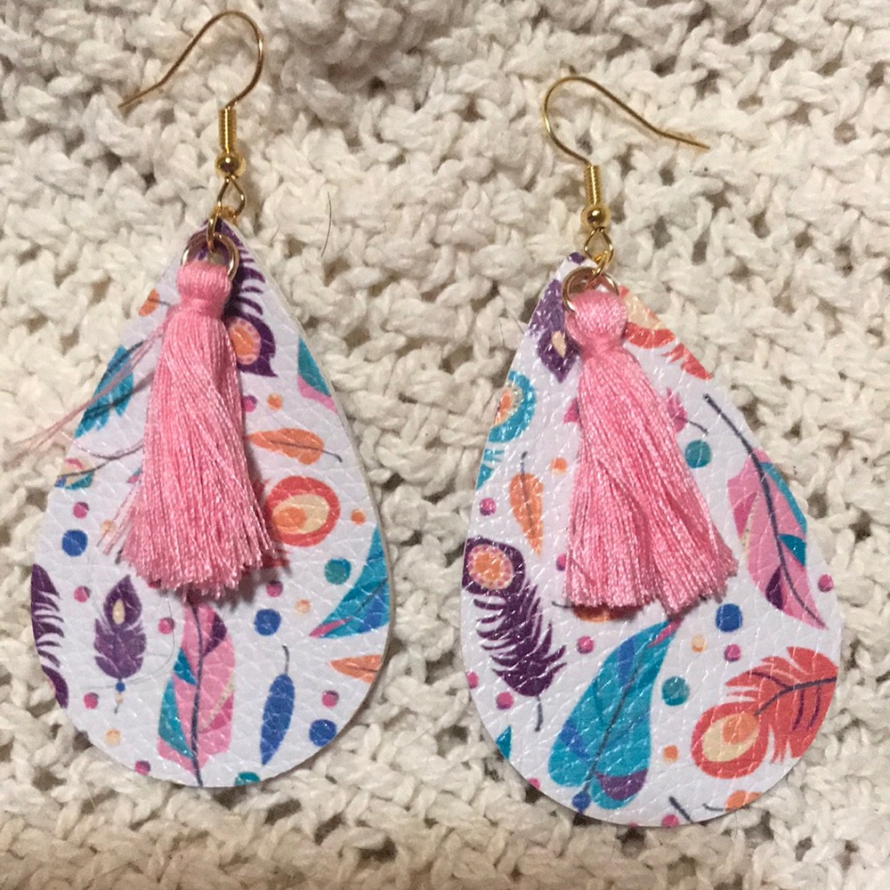 4/$20 Pink/Purple feather faux leather earrings